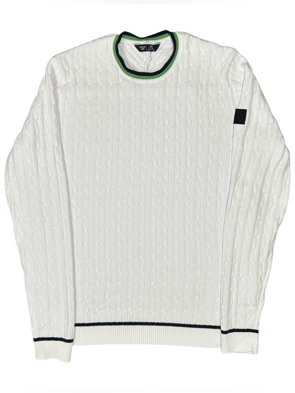 Rhone White Green Tipped Cable Knit Crew Neck Sweater Sweatshirt NWOT M